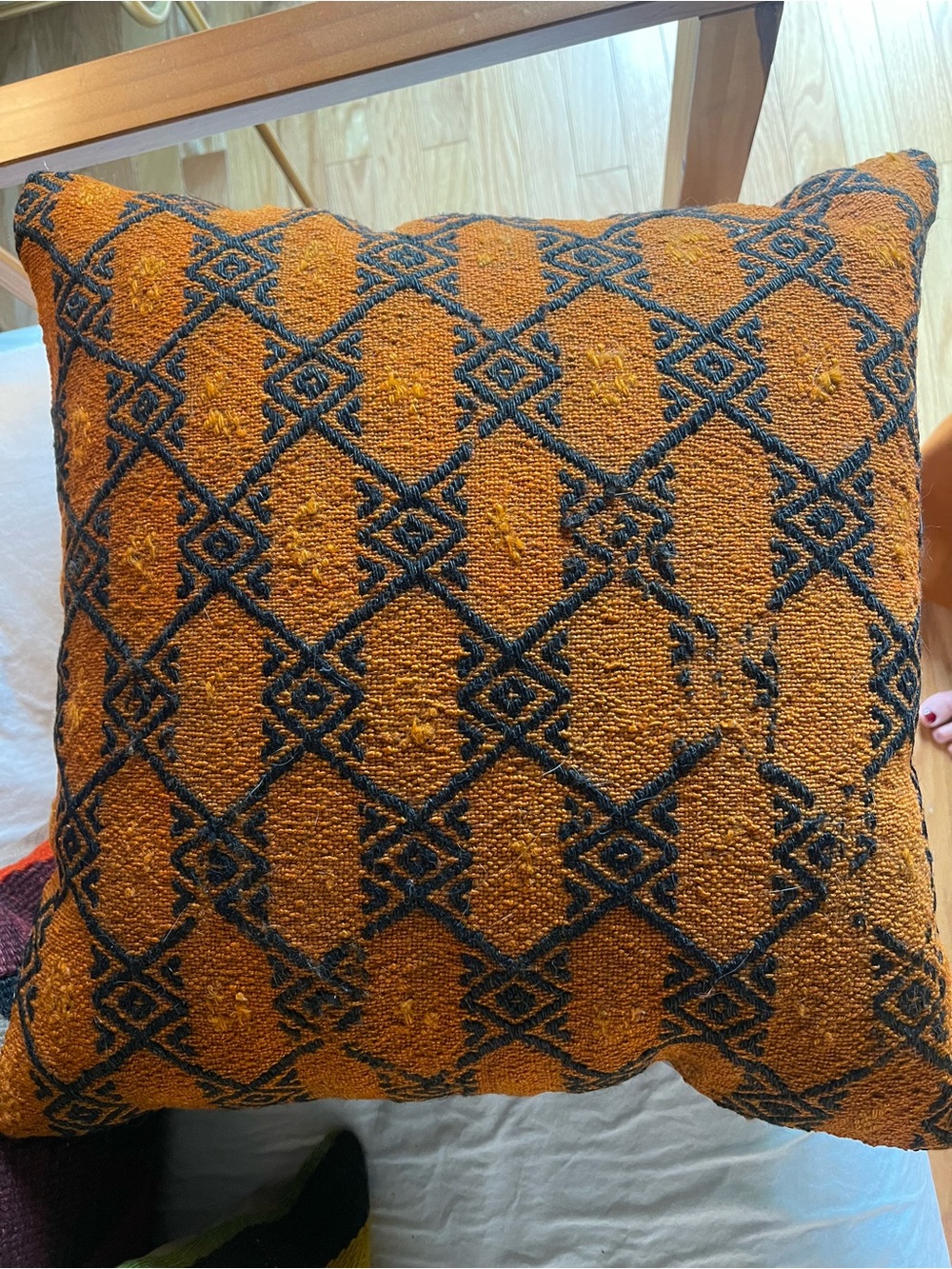 Handwoven Orange and Black Geometric Kilim Pillow - Home Accent